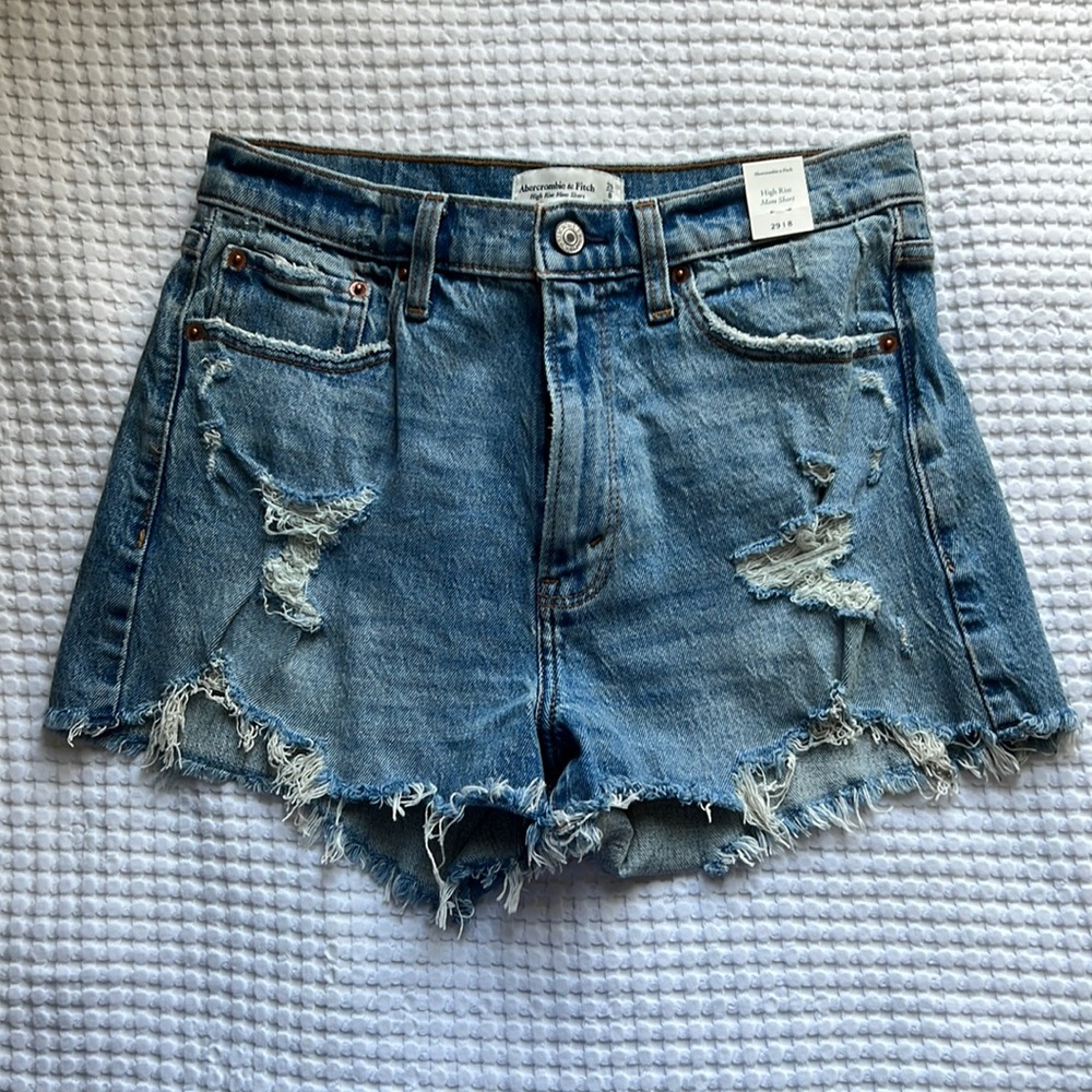 A&F Distressed Denim High Rose Mom Shorts Light Medium Wash